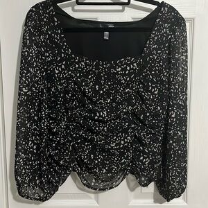 Aqua Black and White Animal Print Cropped Ruffle Top with Sheer Sleeves